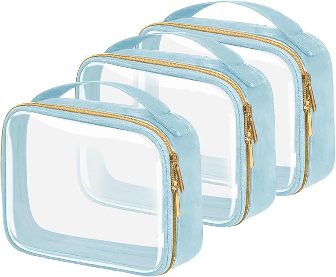 TSA Approved Travel Toiletry Bag,3 Pack Clear Makeup Bags with Handles,Quart Size Clear Cosmetic Bags for Traveling Women,Men,Carry on Airport Airline Compliant Bag,Blue