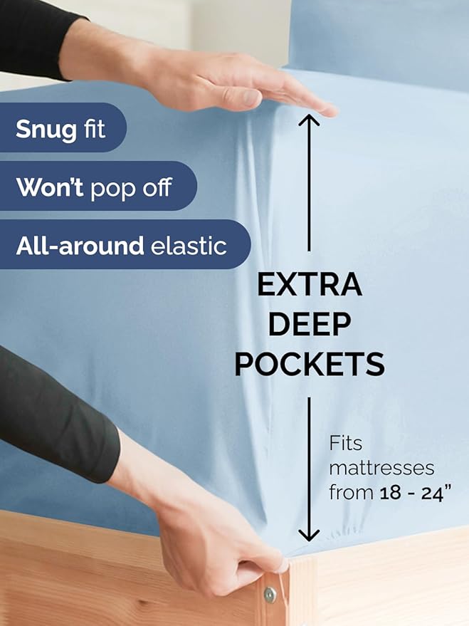 Extra Deep King Fitted Sheet - Hotel Luxury Single Fitted Sheet Only - Easily Fits 18 inch to 24 inch Mattress - Ultra Soft, Wrinkle & Fade Free w/Extra Deep Pockets - Breathable & Comfy - Sky Blue