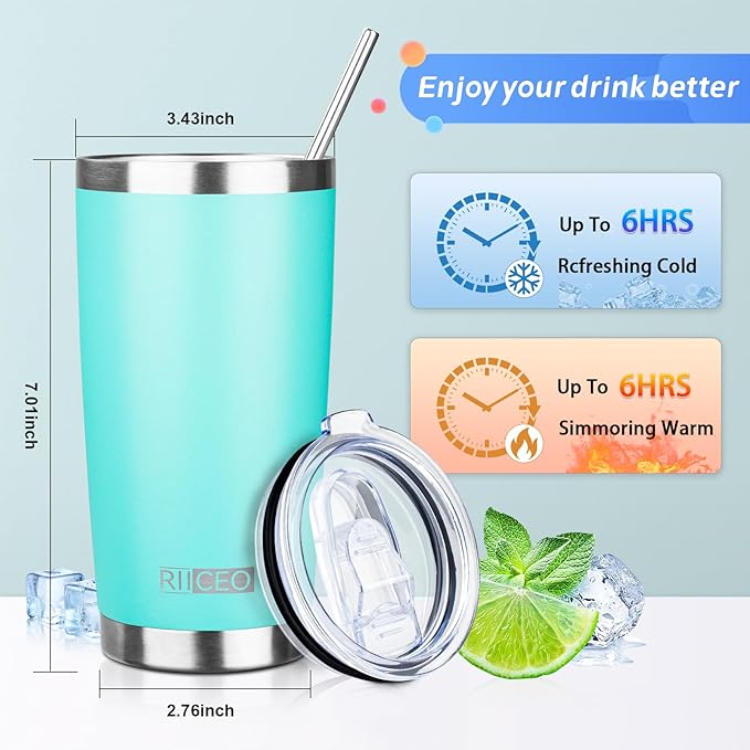 20oz Tumbler with Straw and Brush, Stainless Steel Vacuum Insulated tumbler, Double Wall Insulated Coffee Tumbler for Outdoor, Home, Travel,Office (Light green，4pcs)
