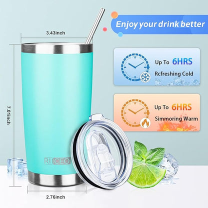 20oz Tumbler with Straw and Brush, Stainless Steel Vacuum Insulated tumbler, Double Wall Insulated Coffee Tumbler for Outdoor, Home, Travel,Office (Light green，4pcs)