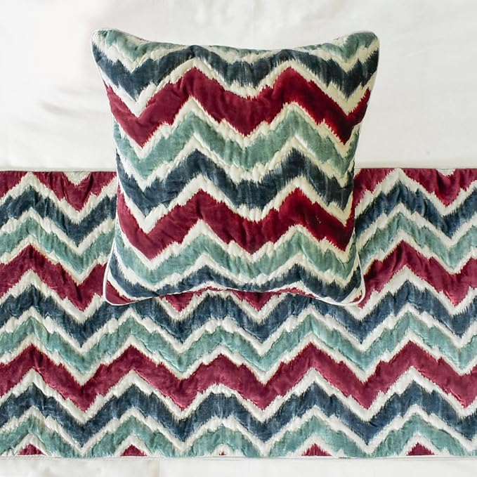 The HomeCentric King/Queen/Twin Red & Blue Luxury Queen 74"x18" Bed Runner with One Pillow Cover, Chevron & Quilted Bed Scarf on Suede Fabric - Chevron Symphony