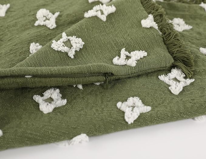 Boho Long Lumbar Pillow Cover 14x22 with Tassel,3D Flower Patterned Cotton Decorative Long Lumbar Pillow Cover Pillow Case for Sofa Couch Bed Livingroom Farmhouse,Sage Green