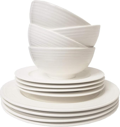 Tabletops Gallery Embossed Bone White Porcelain Round Dinnerware Collection-