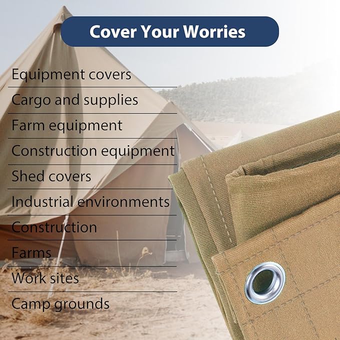 12’x12’ Canvas Tarps Heavy Duty Waterproof Tarpaulins with Aluminum Grommets,UV Resistant, 22Mil Multipurpose Drop Cloth, 14oz Cover Sheet for Outdoor and Indoor Use with Ropes Yellow