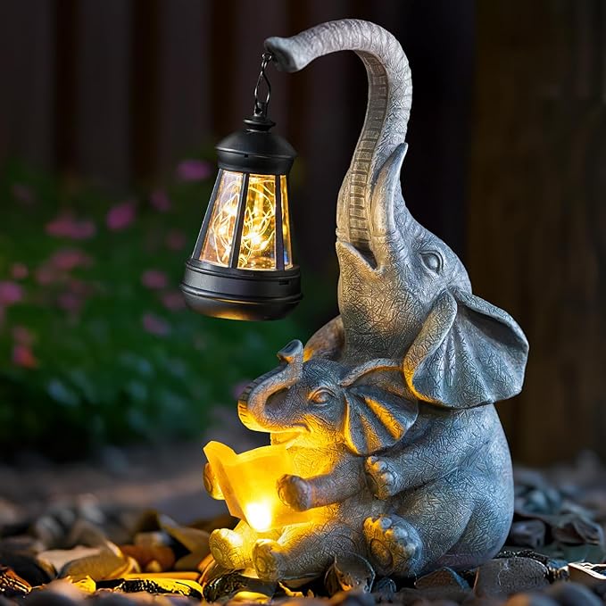 Solar Garden Statue Lights Loving Elephants Figurine