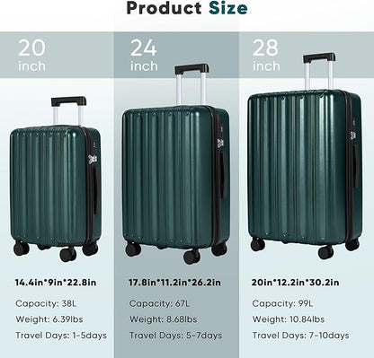 SHOWKOO Luggage Sets 3 Piece 100% PC Ultra Tough Hardside Expandable Suitcases Sets with TSA Lock Double Spinner Wheels (20in/24in/28in, Dark Green