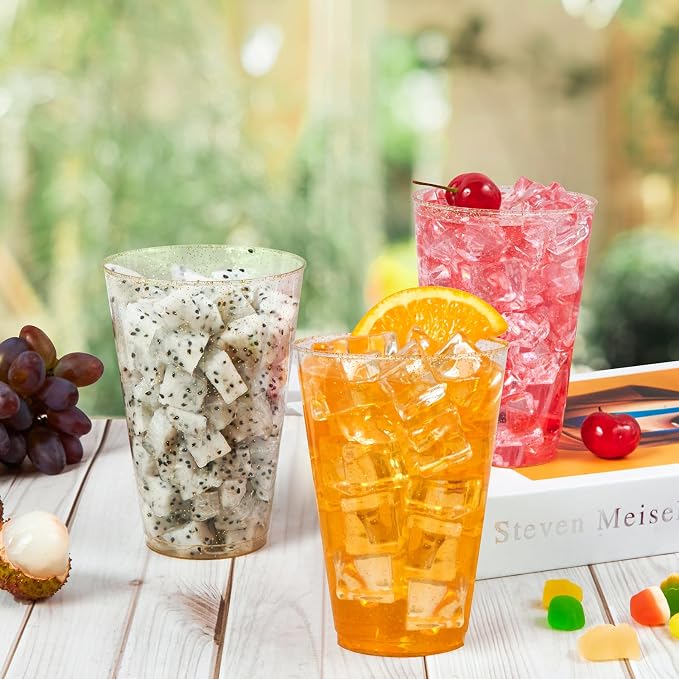 Vplus 100 Pack 14 OZ Gold Glitter Disposable Plastic Cups Glasses