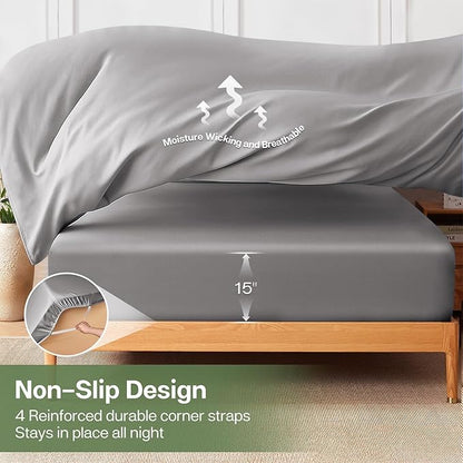 MR&HM California King Fitted Sheet, Ultra-Soft Rayon Derived from Bamboo & Polyester Blend, Silky & Breathable, 15" Deep Pocket with Elastic Straps, Cooling Fitted Sheet for Hot Sleepers, Silver Grey