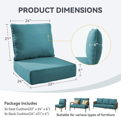 Outdoor Cushion Set for Furniture Patio Furniture, UV Resistant, Water Resistant - 6 Inch Thick Foam Garden Cushions– 22x24 Inch Patio Seat Covers for Chair/Sofa/Couch | Peacock Green | 3-Pack |