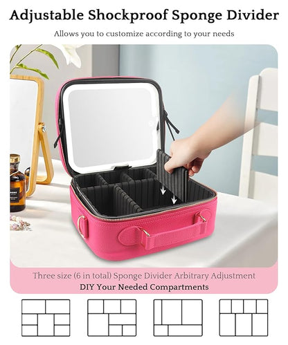 MOMIRA Travel Makeup Bag Cosmetic Bag with Lighted Mirror, Adjustable Brightness in 3 Color Scenarios/Detachable makeup mirror, All-round Upgrade, Waterproof, Gift for Women -Rose Red