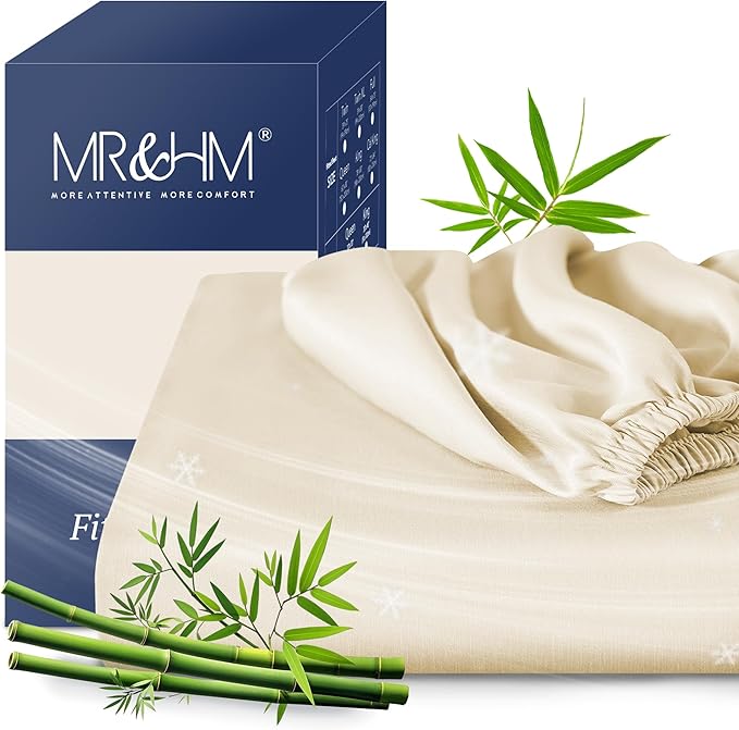 MR&HM Queen Fitted Sheet Only, Ultra-Soft Rayon Derived from Bamboo & Polyester Blend, Silky & Breathable, 15" Deep Pocket with Elastic Straps, Cooling Fitted Sheet for Hot Sleepers, Cream