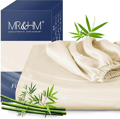 MR&HM Twin Fitted Sheet Only, Ultra-Soft Rayon Derived from Bamboo & Polyester Blend, Silky & Breathable, 15" Deep Pocket with Elastic Straps, Cooling Fitted Sheet for Hot Sleepers, Cream