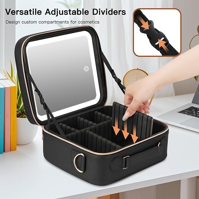Travel Makeup Bag with LED Mirror, Cosmetic Bags for Women with Light up Mirror, Travel Essentials Makeup Organizer, Makeup Case with Adjustable Dividers and Brush Holder, 3 Color Lights