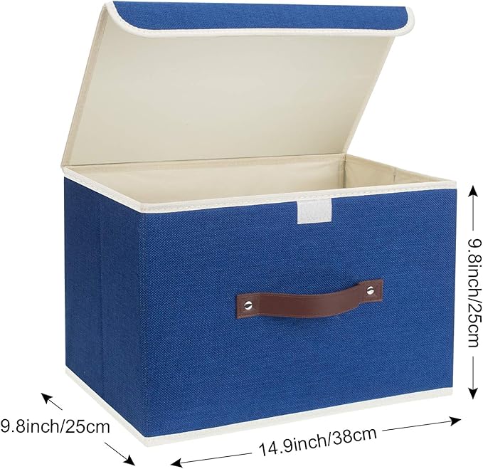 TYEERS Collapsible Storage Boxes, Washable Fabric Storage Bins with Lids, 14.9x9.8x9.8 inches, 2 Pack, Classic Blue