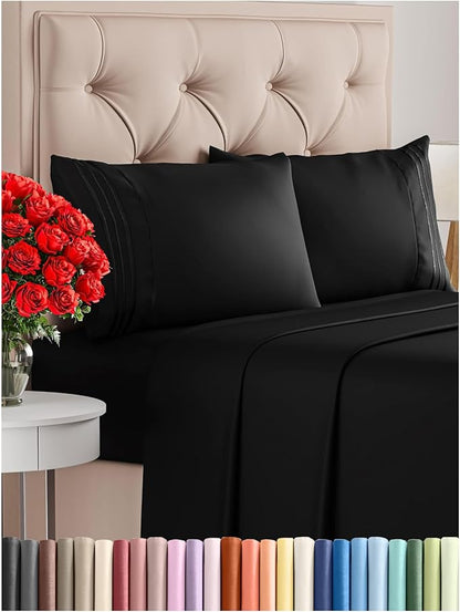 Cal King Size 4 Piece Sheet Set - Comfy Breathable & Cooling Bed Sheets Set - Hotel Luxury Bedding for Women, Men, Kids, Teens, Boys & Girls - Deep Pockets, Ultra-Soft, Wrinkle Free - Oeko-Tex - Black