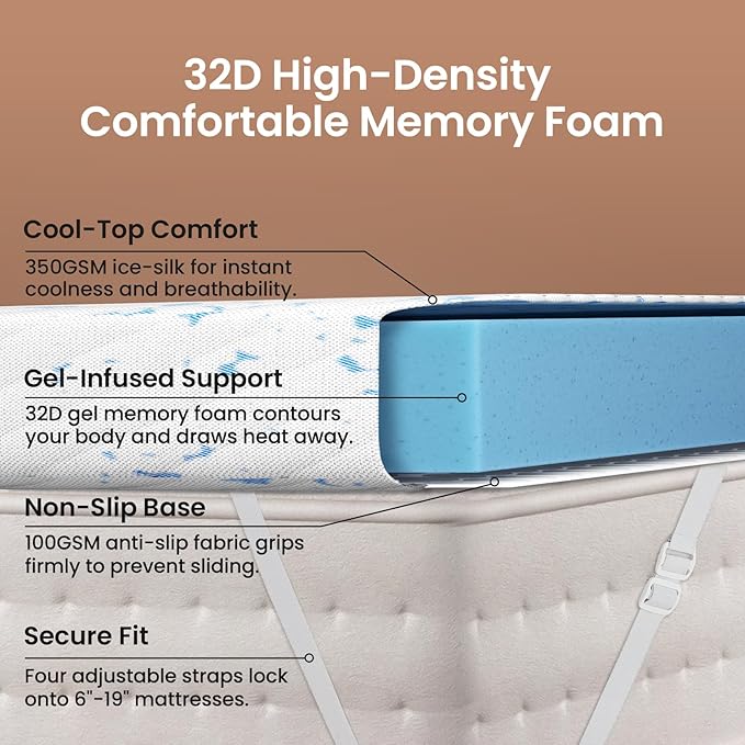 OhGeni 4 Inch Cooling Twin XL Gel Memory Foam Mattress Topper Pad,Washable Bed Cover with Anti-Slip Base,Zipper & Straps,Extra Comfort & Back Pain Relief, Medium Feel,College Dorm Room Essential