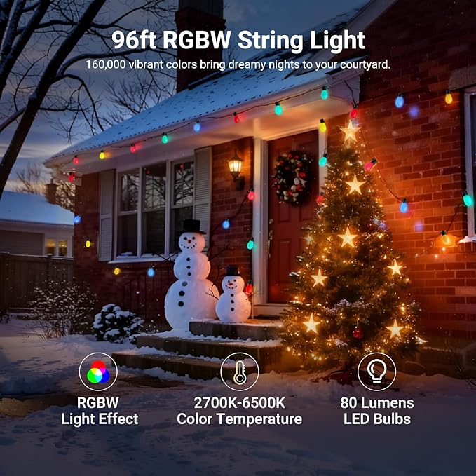 NEEWER 96ft Outdoor String Lights, App Control Smart AI RGBW Hanging Outside