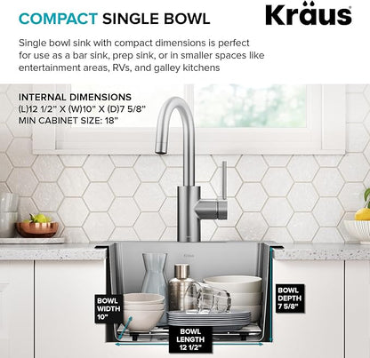 KRAUS Fairlane 15-inch Drop In/Top Mount Single Bowl 18-Gauge Stainless Steel Kitchen Bar Sink, KHT631-15