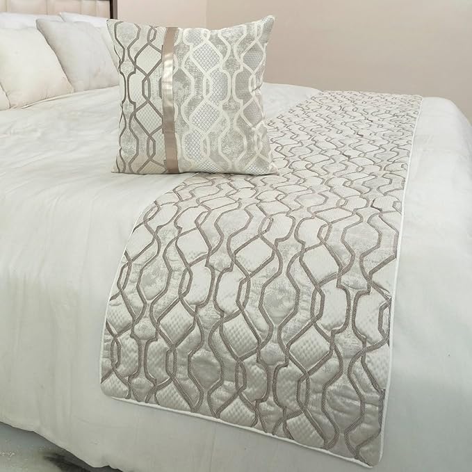The HomeCentric King/Queen/Twin Ivory & Silver Decorative Full 68"x18" Bed Runner with Pillow Cover, Lattice & Quilted Bed Scarf on Jacquard Silk Fabric - Ivory Delicacy