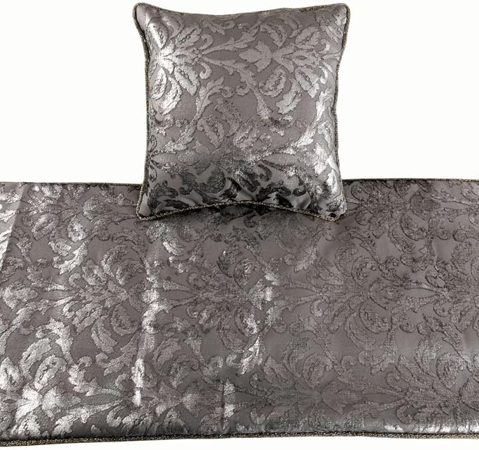 The HomeCentric Silver Bed Runner, CA King Size 86"x18" Decorative Bed Runner with Matching Pillow Cover, Silver & Grey Velvet Bed Scarf in Foil Velvet Bead Border - Silver Glitterati