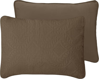 Easy-Going Twin Size Reversible Quilt Set with 1 Quilt and 1 Pillow Sham, Soft Bed Quilt Cover, Water Resistant Lightweight Microfiber Bedspread, Stain Resistant, Olive Leaf-Camel/Ivory