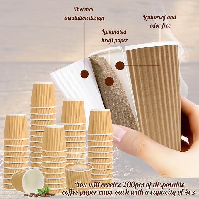 200 Pcs 4oz Paper Espresso Cups Ripple Wall Hot Cups