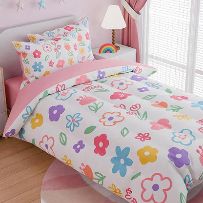SANDJEST Floral Full Bedding Sets for Girl, Ultra Soft Microfiber Comforter Bed Set with 4-Pieces, Flower Comforters Sets for Kids Children Girl Teen Tween Bedroom Decor