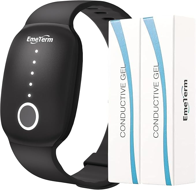 EmeTerm Fashion Anti-Nausea Wristband Relieve Morning Motion Travel Sickness Rechargeable Drug Free Bands Without Side Effects - Extra 2pack Conductive Gel (Jet Black - Extra 2pack Conductive Gel)