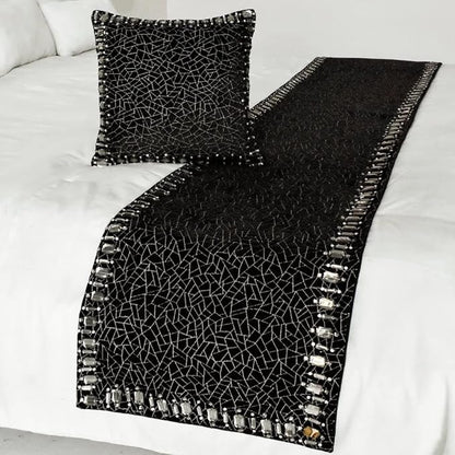 The HomeCentric King/Queen/Twin Black Decorative Twin 53"x18" Bed Runner with 2 Pillow Cover, Mosaic & Crystal Bed Scarf on Velvet Fabric - Mosaic Noir