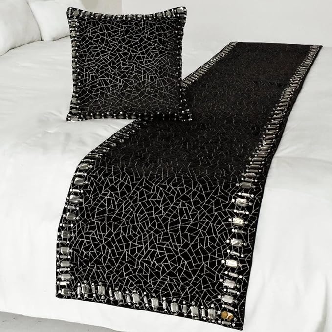 The HomeCentric King/Queen/Twin Black Decorative King 90"x18" Bed Runner with Pillow Cover, Mosaic & Crystal Bed Scarf on Velvet Fabric - Mosaic Noir