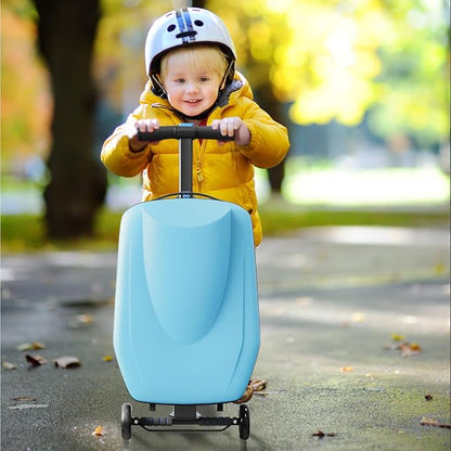 Scooter Hardshell Kids' Luggage, Foldable Carry on Kids Suitcase with Telescopic Handle for Travel, Multifunctional Ride On Lightweight Luggage with Wheels, Light Blue