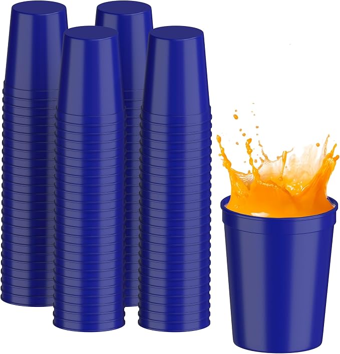 PartyPrints 100 Pack 16 oz Royal Blue Reusable Blank Plastic Cups, Stadium Cups