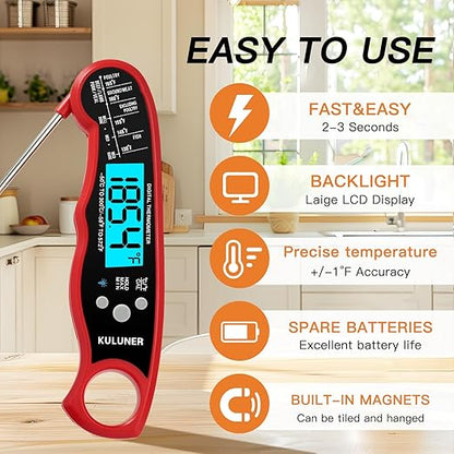 KULUNER TP-01 Waterproof Digital Instant Read Meat Thermometer with 4.6 Folding Probe Backlight Calibration Function for Cooking Food Candy, BBQ Grill, Liquids,Beef（Red）