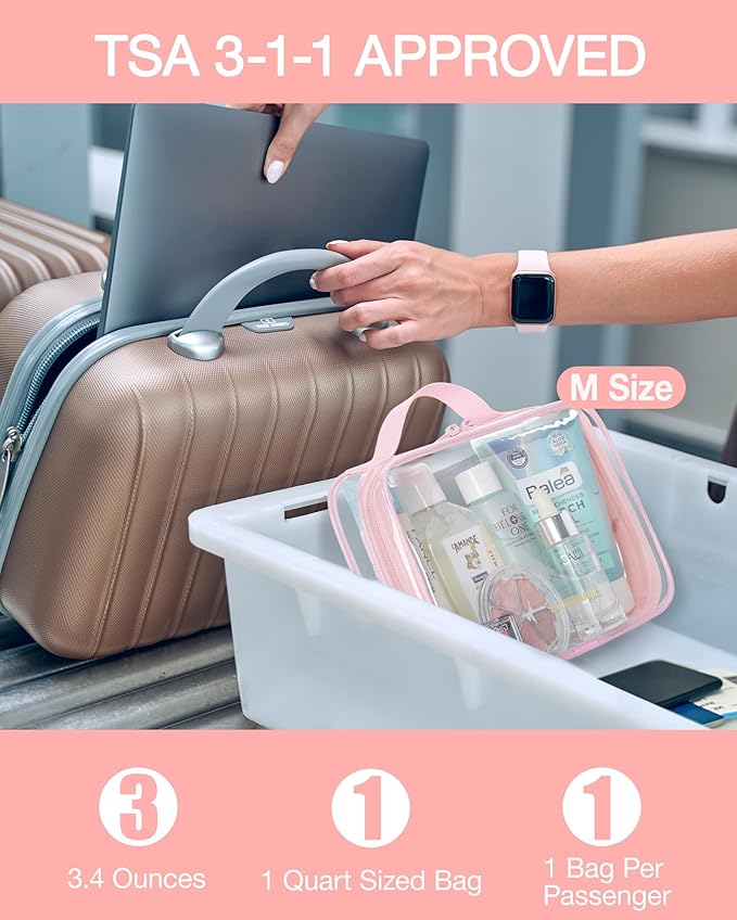 BAGSMART Clear Toiletry Bag, TSA Approved Travel Toiletry Bag Carry On Travel Accessories Bag Airport Airline Quart Size Bags water-resistant Makeup Bag for Women