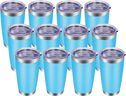 VEGOND 20oz Tumbler with Lid and Straw Stainless Steel Tumbler Cup Bulk Vacuum Insulated Double Wall Travel Coffee Mug Powder Coated Coffee Cup(Sky Blue 12 Pack