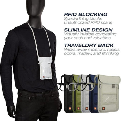 Lewis N. Clark Stash Neck Travel Wallet, RFID Blocking Passport Holder, Protect Personal Information, Charcoal
