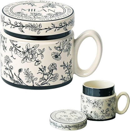 12.9oz Ceramic Coffee Mug with Lid, Flower Patterned Porcelain Mug, Ceramic Tea