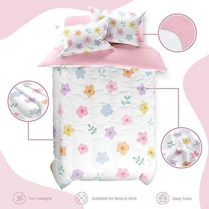 SANDJEST Floral Comforter Set Full Size 98x86in for Kids Girls, Microfiber 4 Pieces Bedding Set Includes 1 Comforter, 2 Pillowcases, 1 Fitted Sheet, Nursery Room Decor
