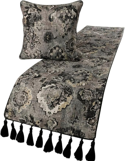 The HomeCentric Handmade Black & Grey Twin 53 x 18 inch Bed Runner with 2 Matching Pillow Cover, Velvet Damask with Tassels Bed Scarf, Abstract Modern - Paved Damask