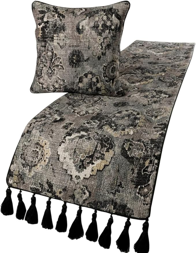 The HomeCentric Designer Black & Grey King 90 x 18 inch Bed Runner with 2 Pillow Cover Set, Velvet Damask with Tassels Bed Scarf, Abstract Modern - Paved Damask