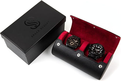 2 Watch Travel Case for Men – Bold Faux Leather Organizer for Smart & Luxury Timepieces - Portable Travel Watch Holder - Ideal Gift for Men with Premium Gift box (Black & Wine)