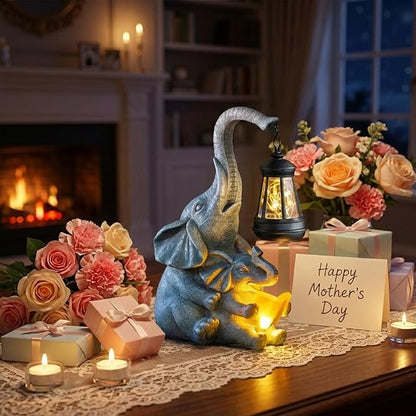 Solar Garden Statue Lights Loving Elephants Figurine