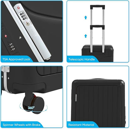 TABU 20" Ride-on Luggage with Seat，Front Opening Carry-On Hardshell Ride On Suitcase with Built-in Charging Port, 360° Lockable Spinner and TSA Lock, for Kids & Adults, Black