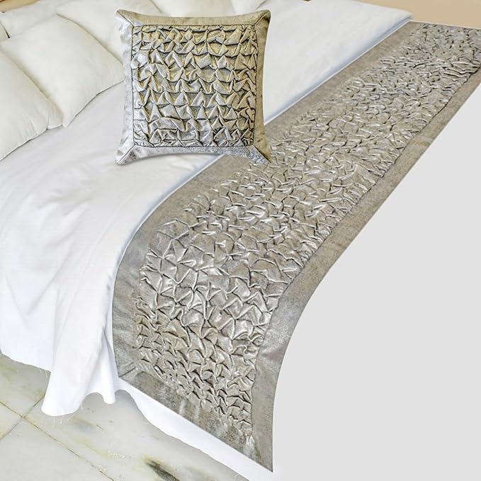 The HomeCentric King/Queen/Twin Silver Decorative Bed Runner Queen 74"x18" Bed Runner with Two Pillow Cover, Foil, Knotted,Textured Bed Scarf on Jacquard Fabric - Polished Silver