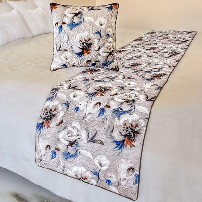 The HomeCentric King/Queen/Twin Ivory Luxury King 90"x18" Bed Runner with Two Pillow Cover, Floral, Quilted Bed Scarf on Satin Fabric - Floral Harmony