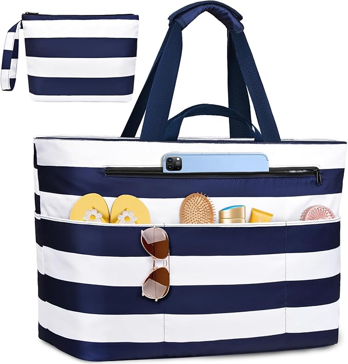 Extra Large Beach Bags for Women, Waterproof Sandproof Beach Tote Bag Zipper Foldable Swim Pool Bag with Wet Pocket
