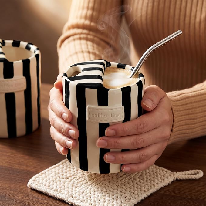 10oz Ceramic Coffee Mug with Sip Hole, Striped Espresso Cups