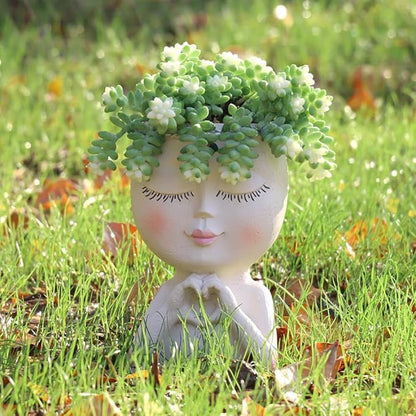 Face Planter Pot with Heart Hands, Resin Head Planter