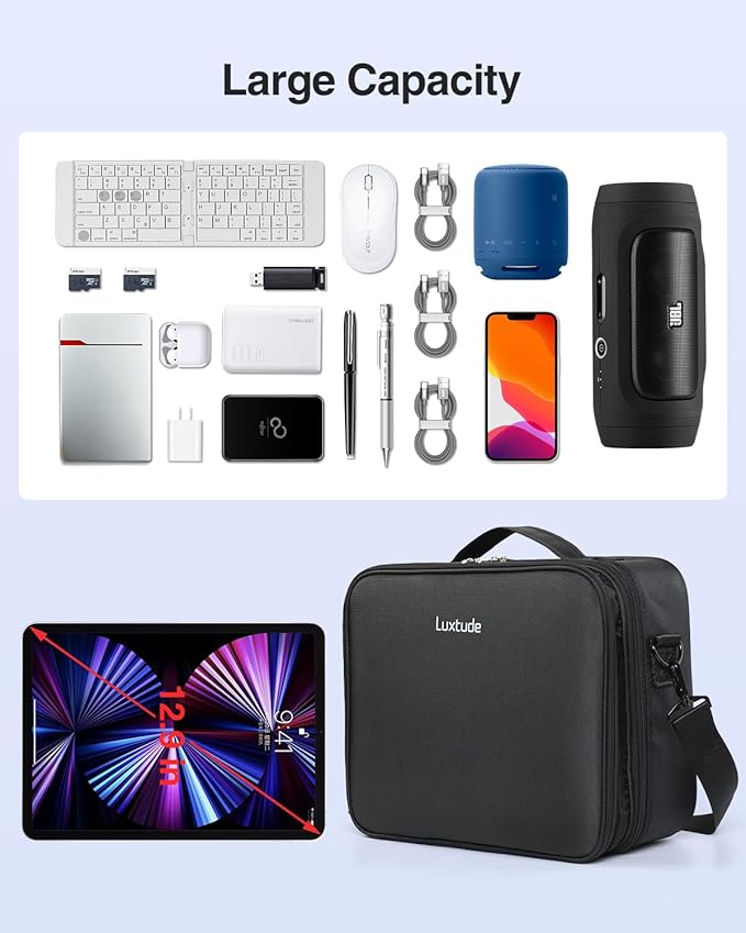 Luxtude Electronic Organizer Travel Case Large, Double Layer Tech Carrying Case, Cord Organizers Travel, Cable Organizers Bag, Large Charger Bag, Home Electronics Case Fits for iPad (Up to 12.9 in)