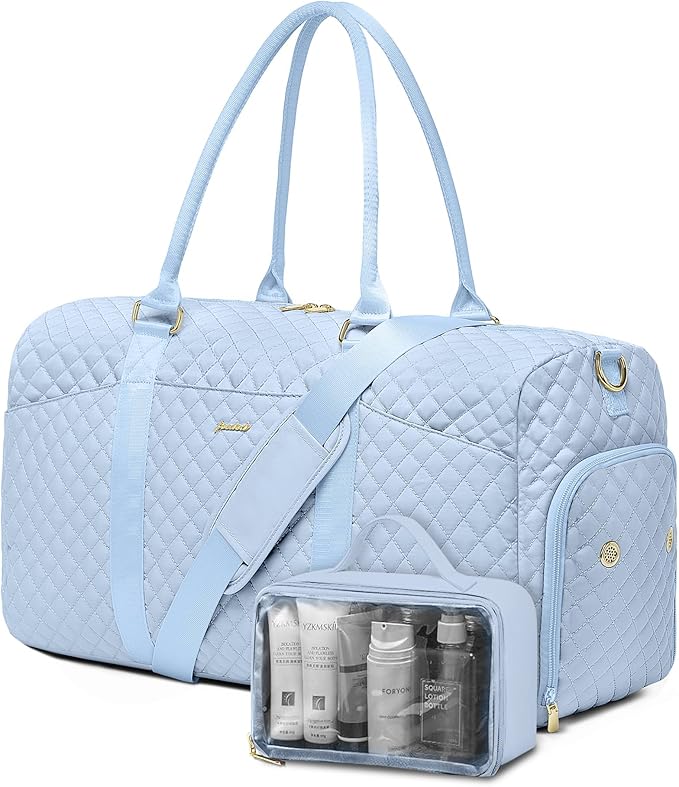 Women Duffle Weekender Travel Bag: Large Duffel Bags with Shoe Compartment Carry On Overnight Tote with Wet Pocket Traveling Weekend Gym Yoga Hospital Bag for Womens Light Blue